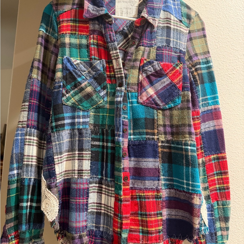 Free People Colorful Flannel Patchwork Button Down Shirt